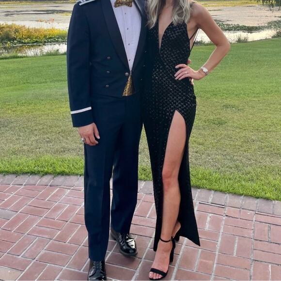 Michael Costello x Revolve Emmanuella Black Sequin Gown With Front Slit. - Picture 3 of 12